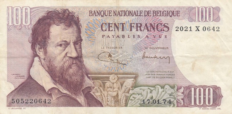 Belgium, 100 Francs, 1974, VF, p134c
 Serial Number: 505220642
Estimate: 10-20...