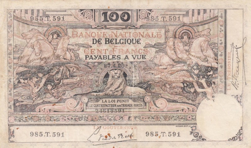 Belgium, 100 Francs, 1920, FINE, p78
 Serial Number: 985T591
Estimate: 50-100 ...