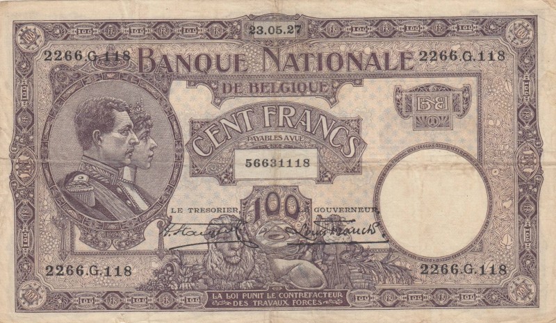 Belgium, 100 Francs, 1927, FINE, p95
 Serial Number: 2266G118
Estimate: 15-30 ...