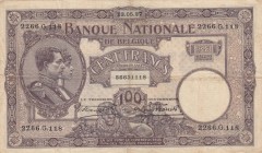 Belgium, 100 Francs, 1927, FINE, p95
 Serial Number: 2266G118
Estimate: 15-30 USD