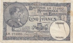 Belgium, 5 Francs, 1931, VF, p97b
 Serial Number: L14 774995
Estimate: 20-40 USD