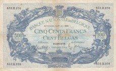 Belçika, 500 Francs, 1939, VF, 
 Serial Number: 852 H 376
Estimate: 30-60 USD