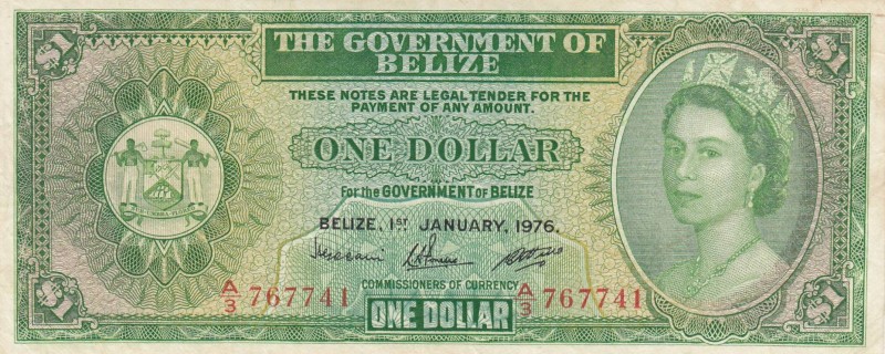 Belize, 1 Dollar, 1976, VF, p33c
Queen Elizabeth II. portrait, Serial Number: A...