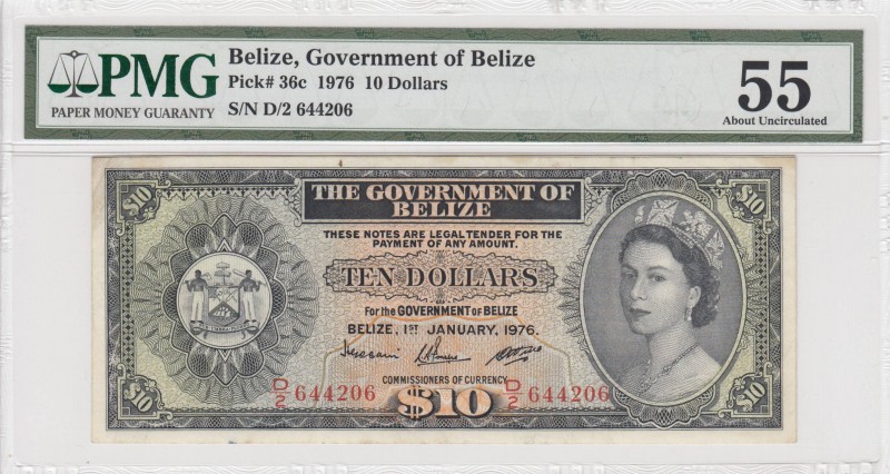 Belize, 10 Dollars, 1976, AUNC, p36c
PMG 55, Serial Number: D/2 644206
Estimat...