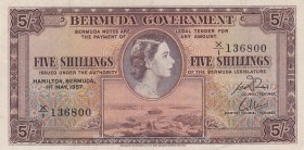 Bermuda, 5 Shillings, 1957, VF, p18b
Queen Elizabeth II. portrait, Serial Number: X/1136800
Estimate: 50-100 USD
