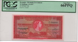 Bermuda, 10 Shillings, 1957, UNC, p19b
PCGS 66 PPQ, Serial Number: T/1 784685
Estimate: 250-500 USD