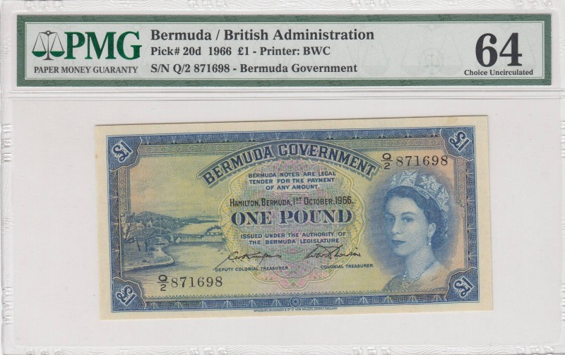 Bermuda, 1 Pound, 1966, UNC, p20d
PMG 64, Serial Number: Q/2 871698
Estimate: ...