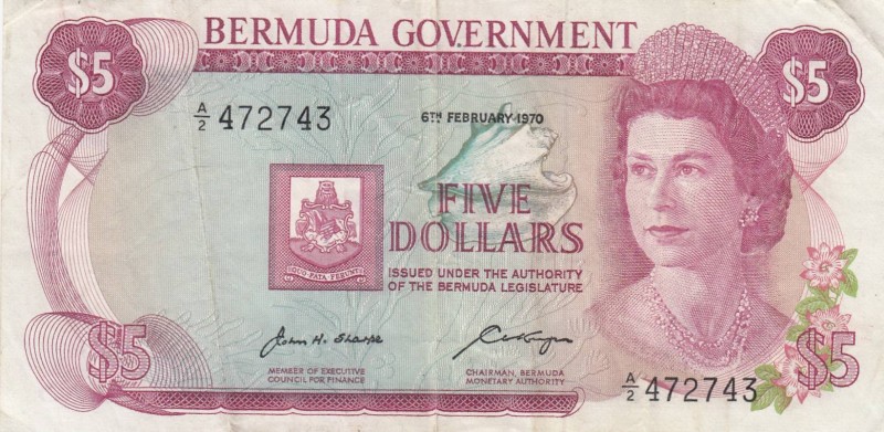 Bermuda, 5 Dollars, 1970, VF(+), p24a
Queen Elizabeth II. Portrait, there is st...