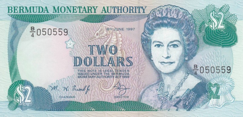 Bermuda, 2 Dollars, 1997, UNC, p40Ab
Queen Elizabeth II. Portrait, Serial Numbe...