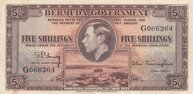 Bermuda, 5 Shillings, 1937, VF (+), p8a
 Serial Number: G066264
Estimate: 75-1...
