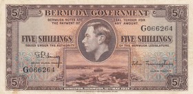 Bermuda, 5 Shillings, 1937, VF (+), p8a
 Serial Number: G066264
Estimate: 75-150 USD