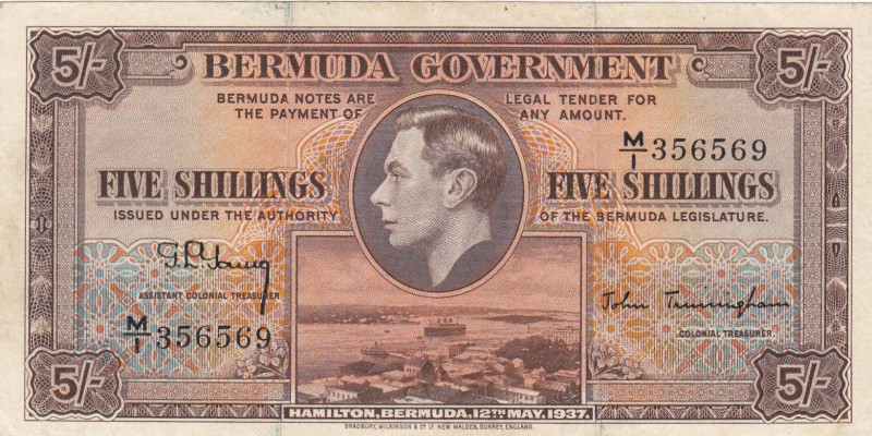 Bermuda, 5 Shillings, 1937, VF, p8b
 Serial Number: M/1 356569
Estimate: 50-10...
