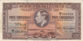 Bermuda, 5 Shillings, 1937, VF, p8b
 Serial Number: M/1 356569
Estimate: 50-100 USD