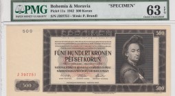 Bohemia and Moravia, 500 Korun, 1942, UNC, p11s, SPECIMEN
PMG 63 EPQ, Serial Number: J397751
Estimate: 100-200 USD