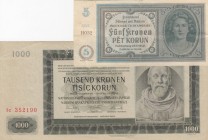 Bohemİa ve Moravia, total 2 banknotes
5 Korun, 1940, VF; 1000 Korun, 1942, XF, p15s SPECIMEN, Serial Number: Ic 352190, H032
Estimate: 10-20 USD