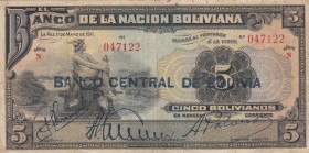 Bolivia, 5 Bolivianos, 1929, VF, p113
 Serial Number: N 047122
Estimate: 10-20 USD