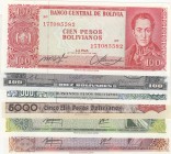 Bolivia, Total 6 banknotes
100 Pesos Bolivianos, 1962, UNC, p164; 100 Bolivianos, 1945, UNC, p147; 500 Pesos Bolivianos, 1981, UNC, p166; 5.000 Pesos...