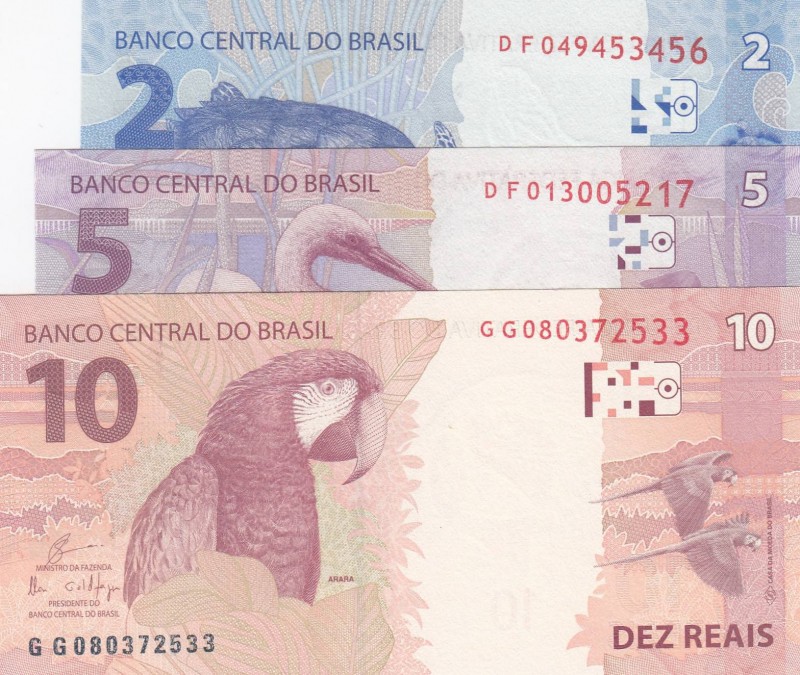 Brazil, UNC, Total 3 banknotes
2 Reais, 2010, p252c; 5 Reais, 2010, p253c; 10 R...