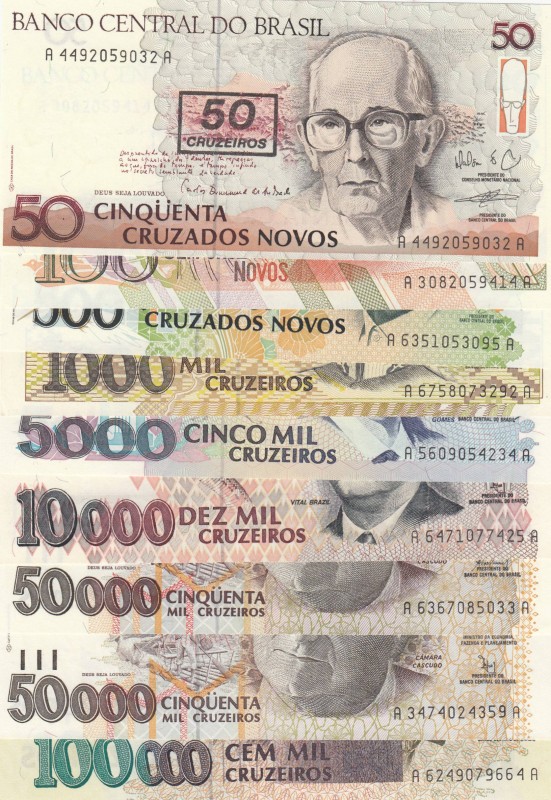 Brazil, Total 9 banknotes
50 Cruzeiros on 50 Cruzados Novos, 1990, UNC, p223; 1...