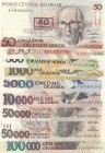 Brazil, Total 9 banknotes
50 Cruzeiros on 50 Cruzados Novos, 1990, UNC, p223; 100 Cruzados Novos, 1989, UNC, p220a; 500 Cruzeiros on 500 Cruzados Nov...