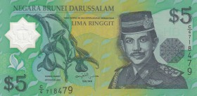 Brunei, 5 Ringgit, 1996-2002, AUNC, p23
 Serial Number: C/6 718479
Estimate: 10-20 USD