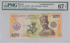 Brunei, 20 Ringgit, 2007, UNC, p34a
PMG 67 EPQ, polymer plastic commemorative banknote, Serial Number: A/1 097176
Estimate: 50-100 USD