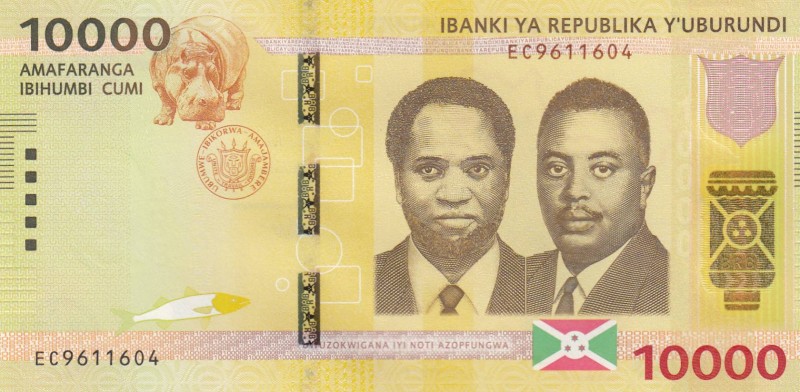 Burundi, 10.000 Francs, 2015, UNC, p54
 Serial Number: EC9611604
Estimate: 10-...