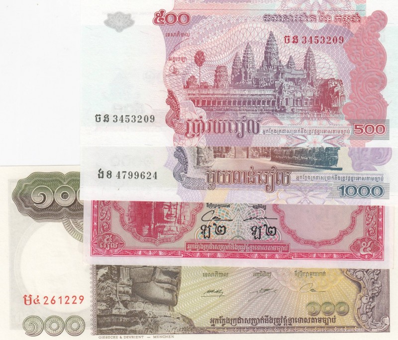 Cambodia, 5 Riels, 100 Riels, 500 Riels and 1.000 Riels, 1956/2007, UNC, (Total ...