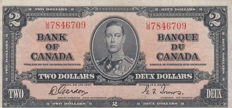 Canada, 2 Dollars, 1937, XF, p59b
 Serial Number: U/B 7846709
Estimate: 50-100...