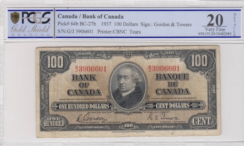 Canada, 100 Dollars, 1937, VF, p64b
PCGS 20, Serial Number: G/J 3906601
Estima...