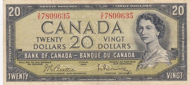 Canada, 20 Dollars, 1961/1970, VF, p80b
Queen Elizabeth II portrait, Serial Num...