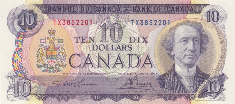 Canada, 10 Dollars, 1971, UNC, p88c
 Serial Number: TX3852201
Estimate: 50-100...