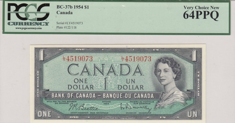 Canada, 1 Dollar, 1954, UNC, pBC-37b
PCGS 64PPQ, Serial Number: LY4519073
Esti...