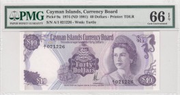 Cayman Islands, 40 Dollars, 1974, UNC, p9a
PMG 66 EPQ, Serial Number: A/1 021226
Estimate: 200-400 USD