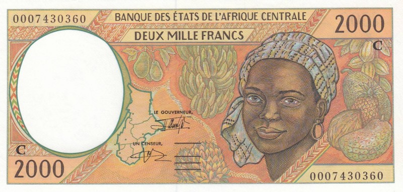 Central African States, 2.000 Francs, 1993, UNC, p103Ca
 Serial Number: 0007430...