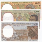Central African States, 500 Francs, 1.000 Francs and 2.000 Francs, 1999, UNC, p101, p302f, p303f, (Total 3 banknotes)
 Serial Number: 001251555499093...