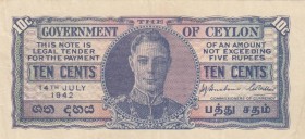 Ceylon, 10 Cents, 1942, XF, p43a
 Serial Number: A42 646306
Estimate: 20-40 USD