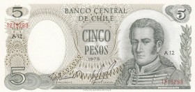 Chile, 5 Pesos, 1975, UNC, p149a
 Serial Number: 1219283
Estimate: 10-20 USD