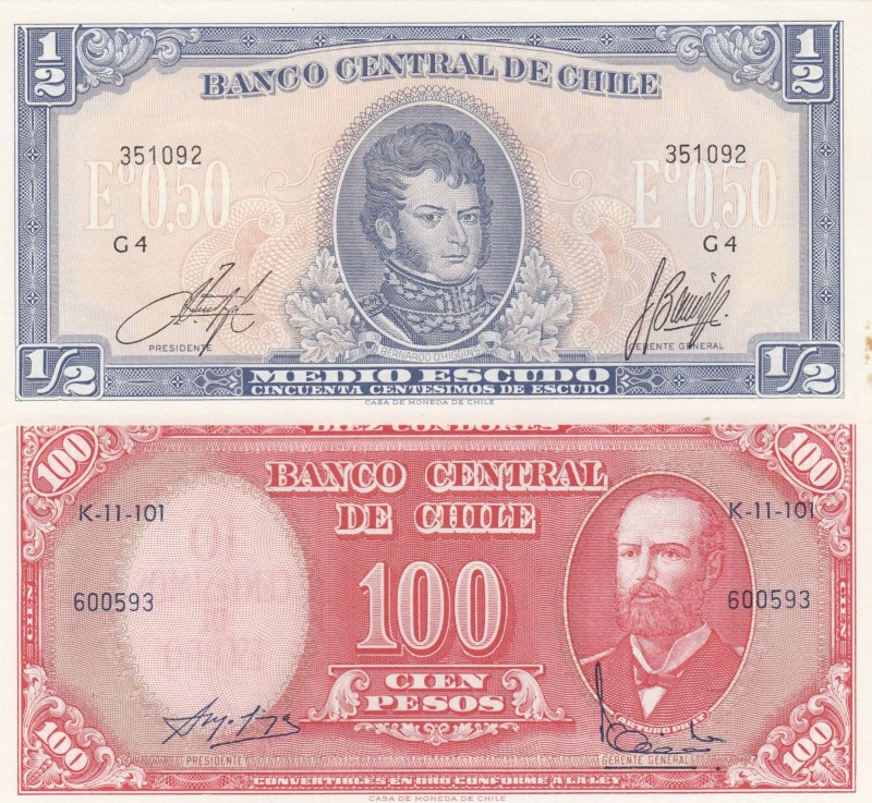 Chile, Total 2 banknotes
1/2 Escudo, 1962-75, UNC but there is stain on the edg...