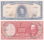 Chile, Total 2 banknotes
1/2 Escudo, 1962-75, UNC but there is stain on the edge, p134a; 100 Pesos, 1960-61, UNC, p127, Serial Number: 351092, 600593...