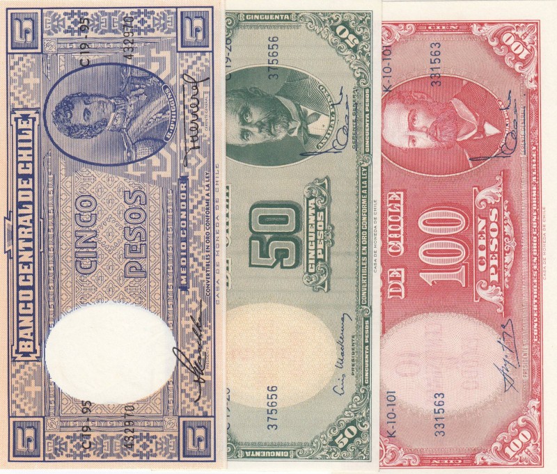 Chile, Total 3 banknotes
5 Pesos, 1958/1959, UNC, p119; 50 Pesos, 1960/1961, UN...