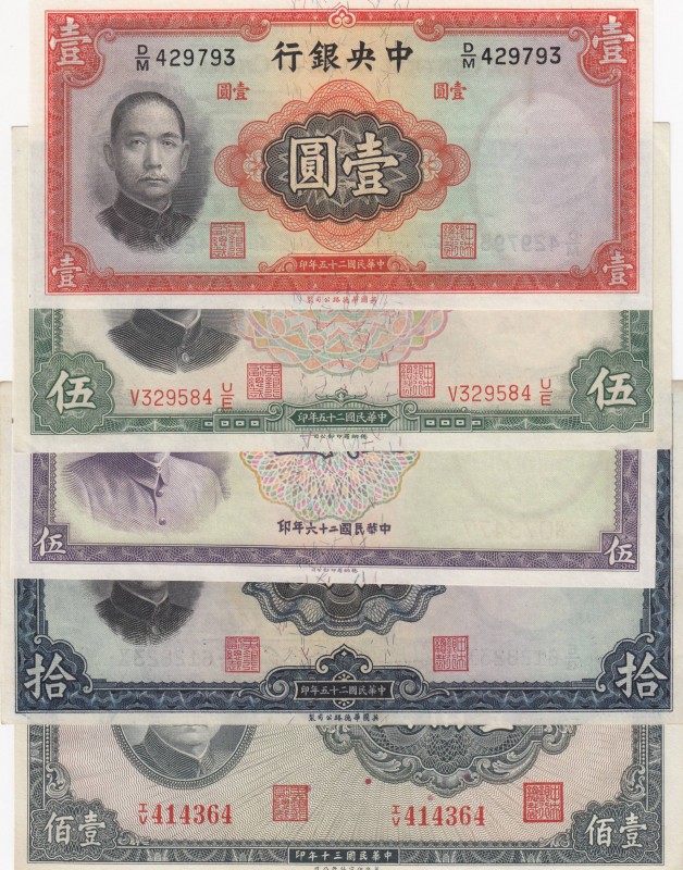 China, 1, 5, 5, 10, 100 Yuan , 1936/1937, differant cond., p212, p217, p214, p24...