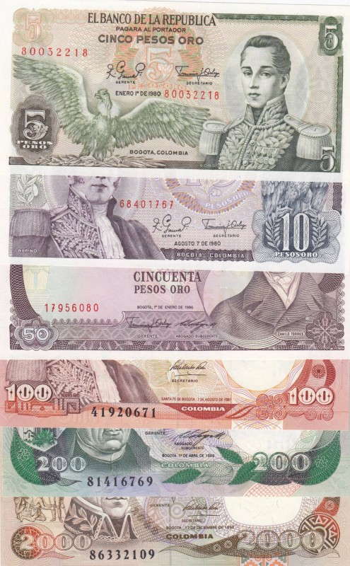 Colombia, Total 6 banknotes
5 Pesos Oro, 1980, UNC, p406f; 10 Pesos Oro, 1980, ...