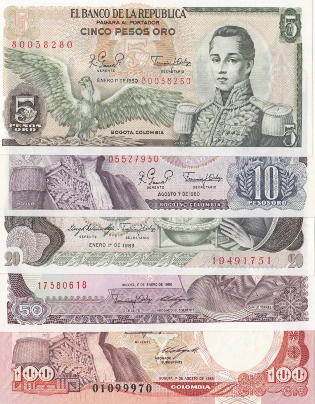 Colombia, Total 5 banknotes
5 Pesos Oro, 1980, UNC; 10 Pesos Oro, 1980, UNC; 20...