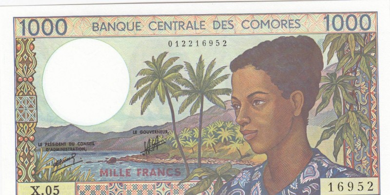 Comoros, 1.000 Francs, 1994, UNC, p11b
 Serial Number: X.05 16952
Estimate: 15...