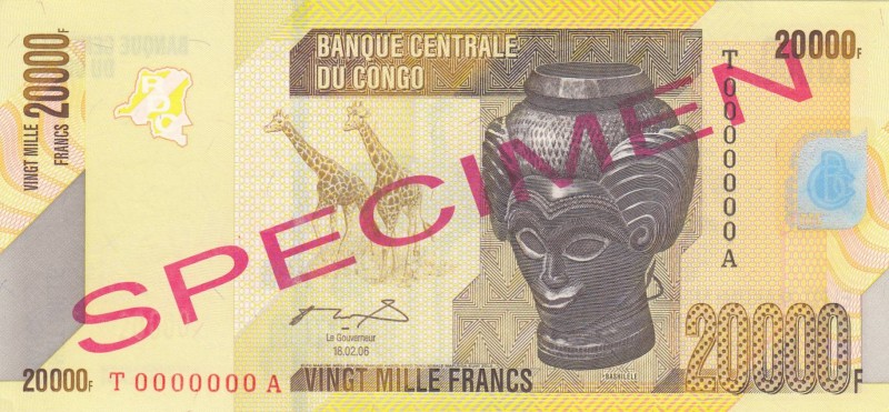 Congo Democratic Republic, 20.000 Francs, 2006, UNC, p104s, SPECIMEN
 Serial Nu...