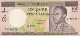 Congo Demokratik Republic, 1 Zaire = 100 Makuta, 1970, XF, p12b
Pressed, Serial Number: AY320335
Estimate: 50-100 USD