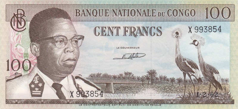 Congo Democratic Republic, 100 Francs, 1962, UNC, p6a
 Serial Number: X993854
...