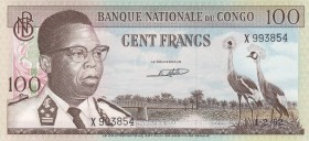 Congo Democratic Republic, 100 Francs, 1962, UNC, p6a
 Serial Number: X993854
Estimate: 40-80 USD