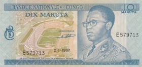 Congo Democratic Republic, 10 Makuta, 1967, XF, p9a
 Serial Number: E579713
Estimate: 15-30 USD